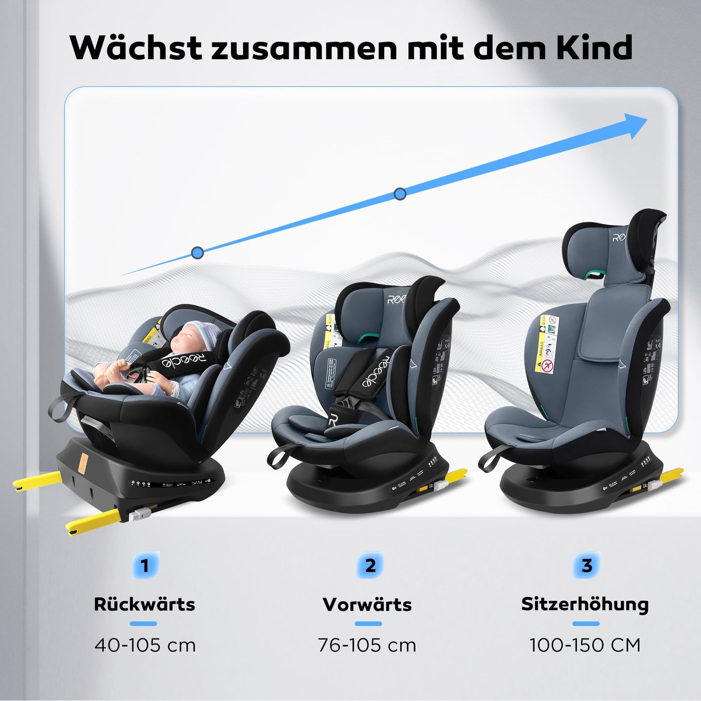 Reecle 360 i-Size Kindersitz 40-150cm Isofix Schwarz/Grau