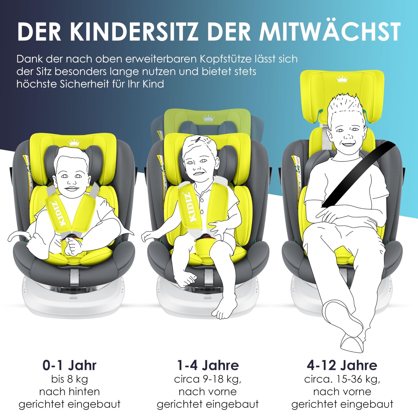 KIDIZ Kindersitz i-Size 0-36kg Isofix 360° drehbar Schwarz