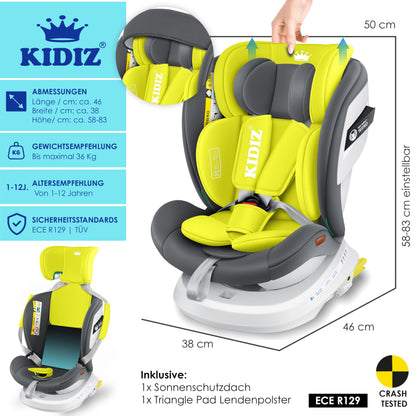 KIDIZ Kindersitz i-Size 0-36kg Isofix 360° drehbar Schwarz