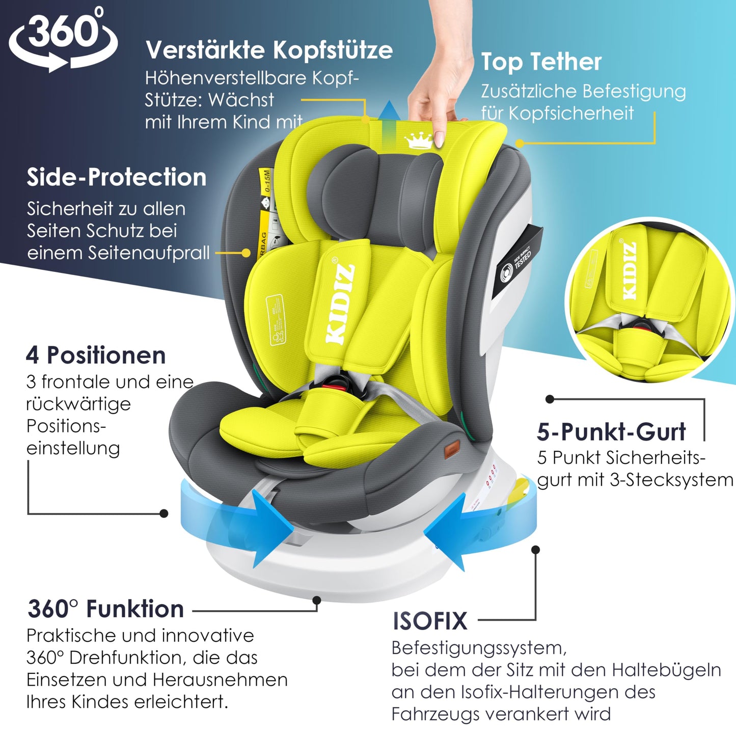 KIDIZ Kindersitz i-Size 0-36kg Isofix 360° drehbar Schwarz