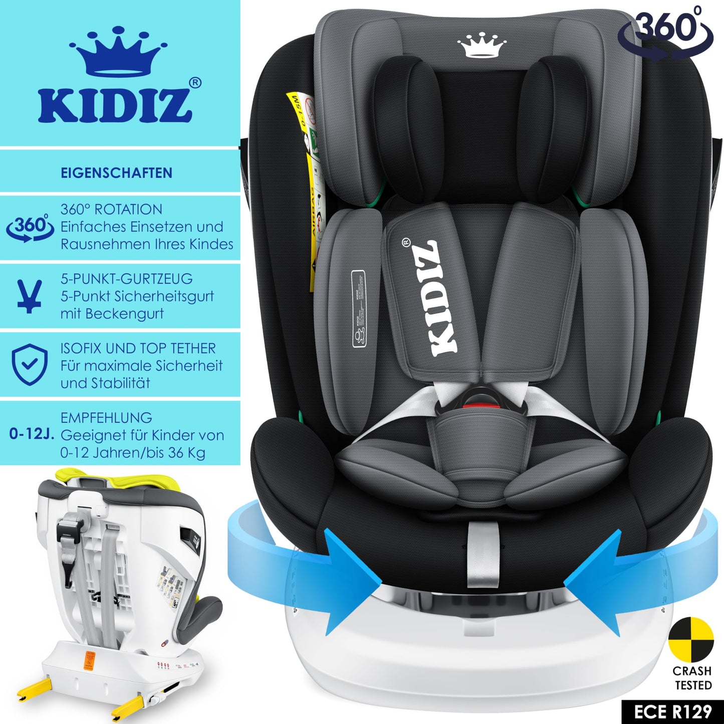 KIDIZ Kindersitz i-Size 0-36kg Isofix 360° drehbar Schwarz