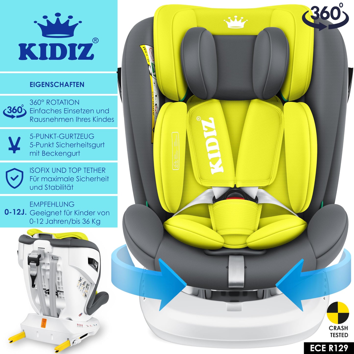 KIDIZ Kindersitz i-Size 0-36kg Isofix 360° drehbar Schwarz